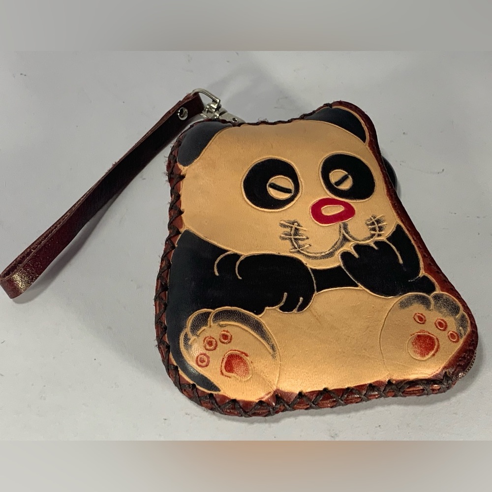 Leather PANDA Stitched Coin Purse with Lining and Zipper Closure